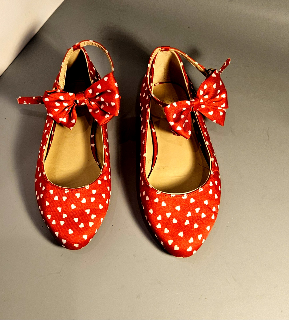 Janie And Jack, Girl Red Dress Shoes with Hearts and Bow, Sz 1 K Fairy Princess